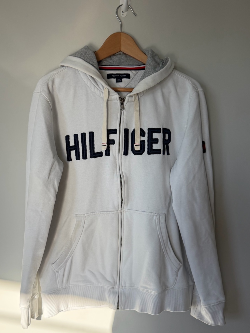 Tommy Hilfiger White Zip-Up Hoodie with Navy Lettering